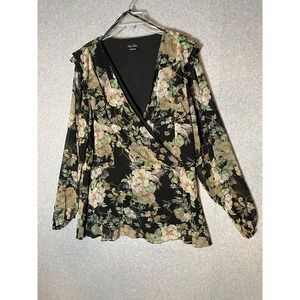 City Chic Blouse Top Size XXL 24 Floral‎ V Neck Faux Wrap Puff Sleeve Ruffle